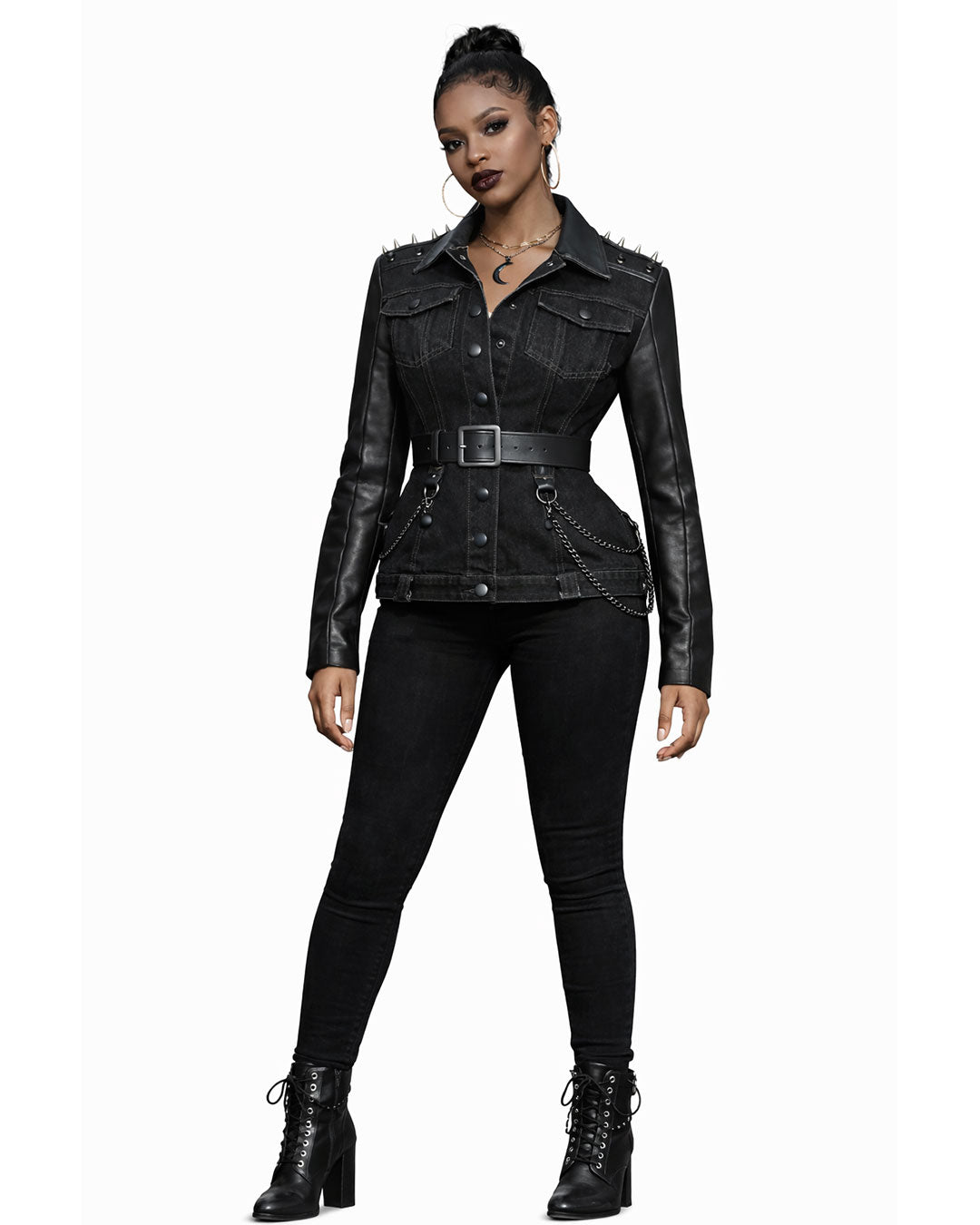 Women's fitted punk leather jacket in black with belt waist and spike shoulder detail, front view