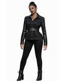 Women's fitted punk leather jacket in black with belt waist and spike shoulder detail, front view