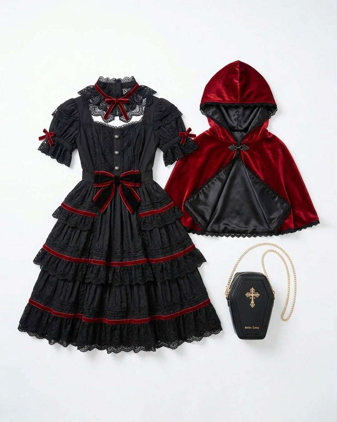 Gothic red riding hood Halloween costume set with dress cape and bag