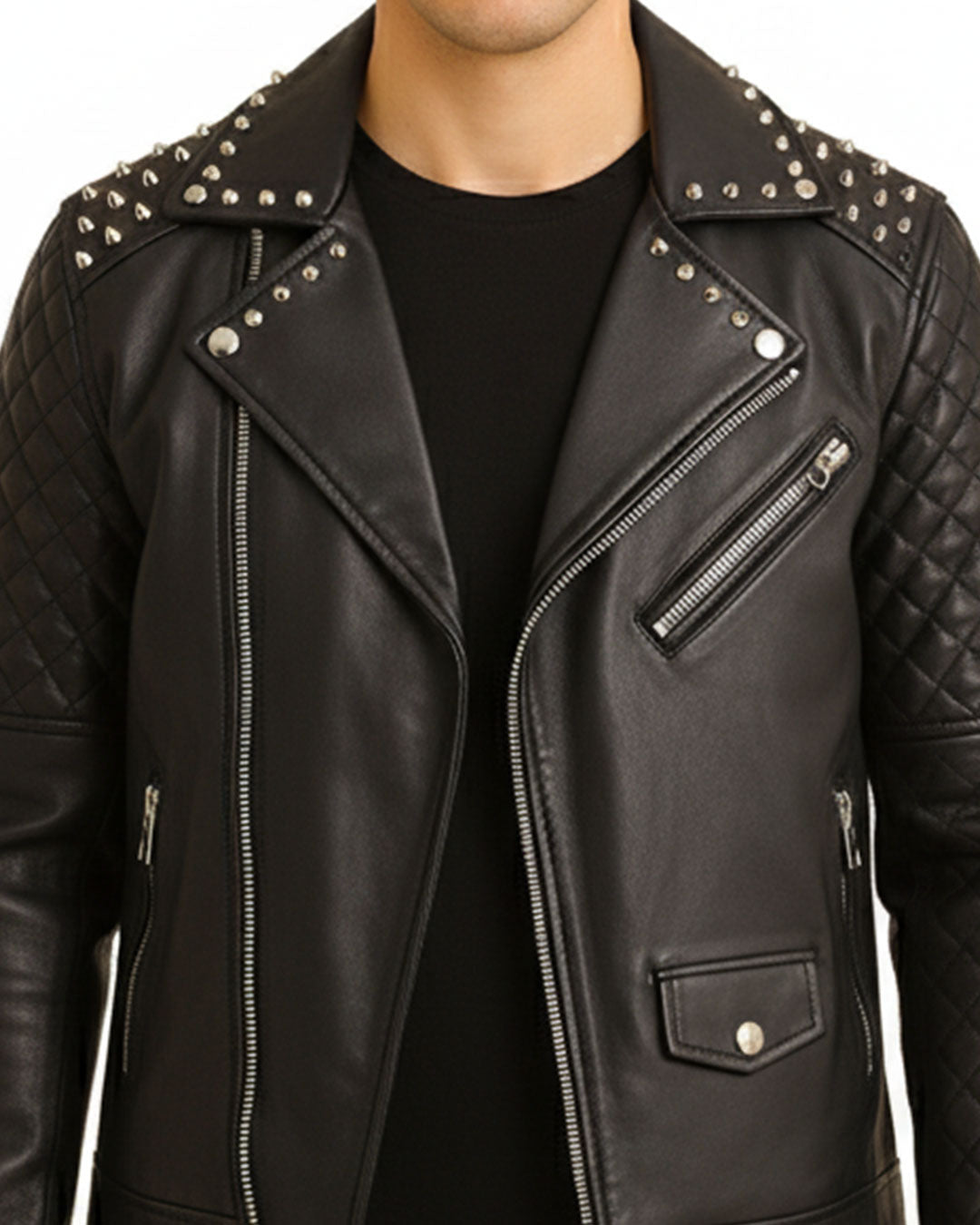 Black Studded Cowhide Motorcycle Jacket