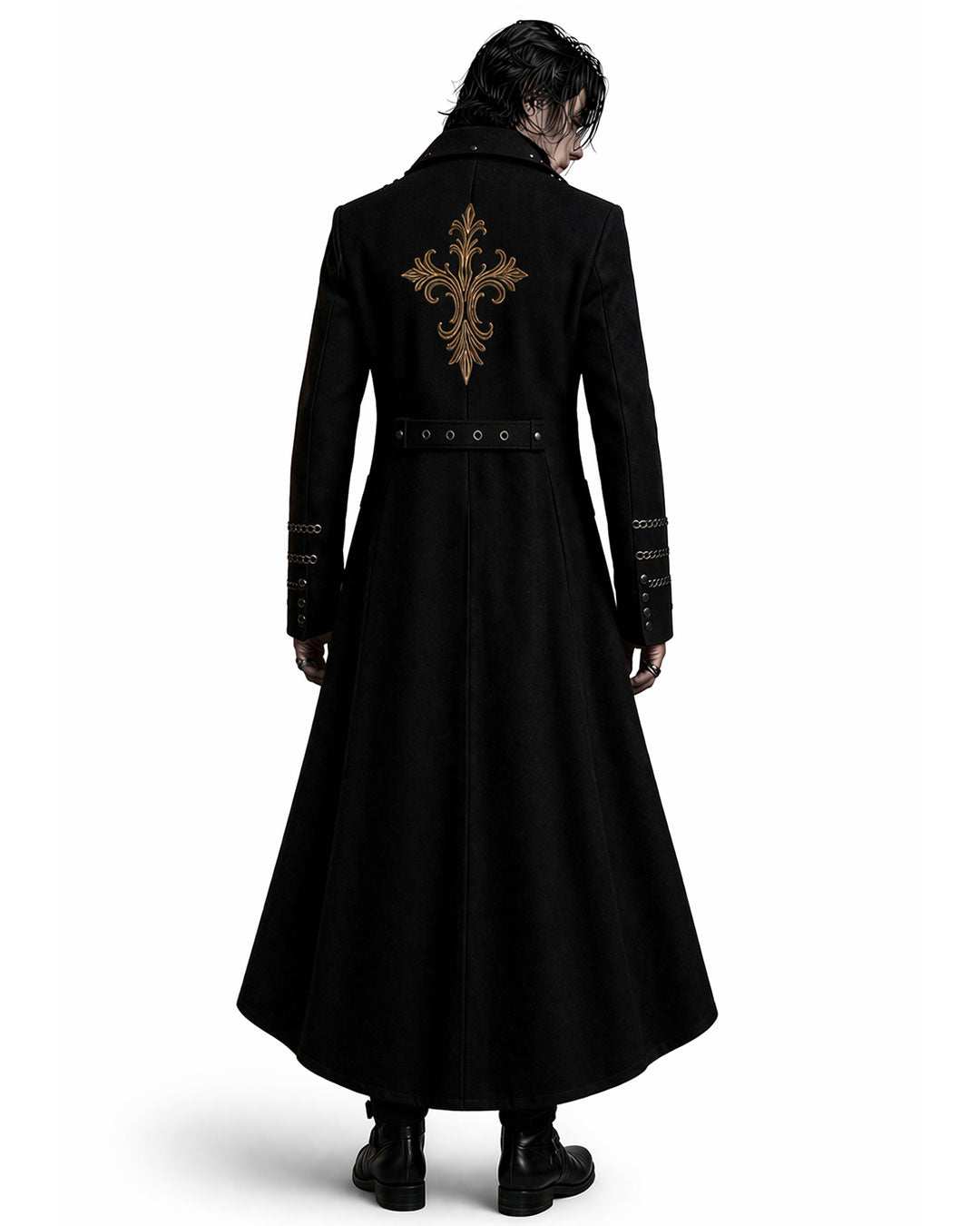 Men's Obsidian Crest gothic long coat with embroidery and structured fit for gothic fashion