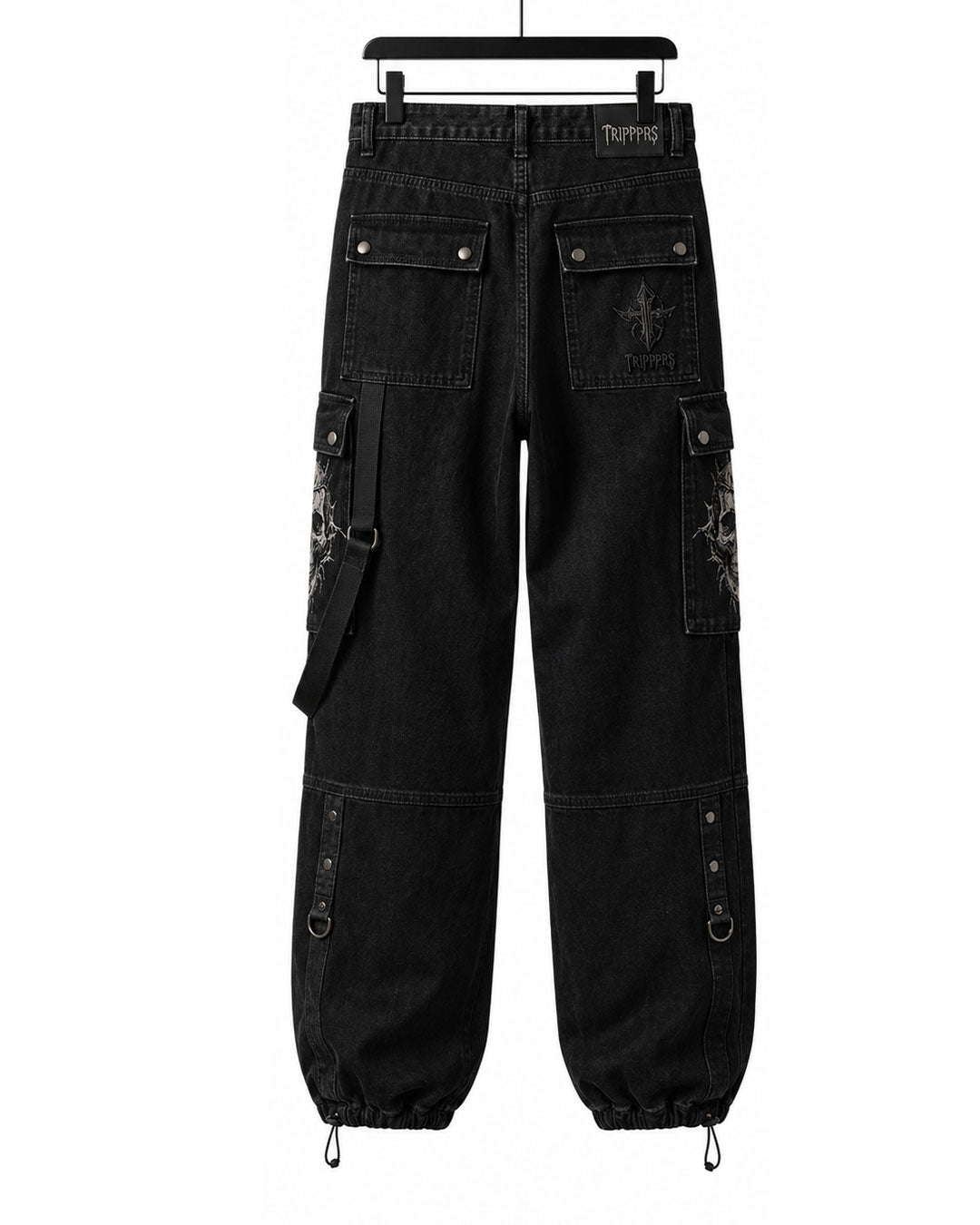 Mens wide leg cargo jeans flat lay, back view with branded patch pocket and ankle straps
