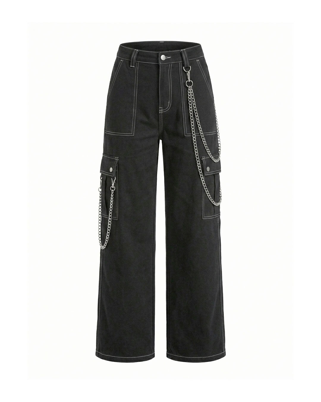 Women's Punk Chain Cargo Pants – Black Wide Leg Streetwear Trousers
