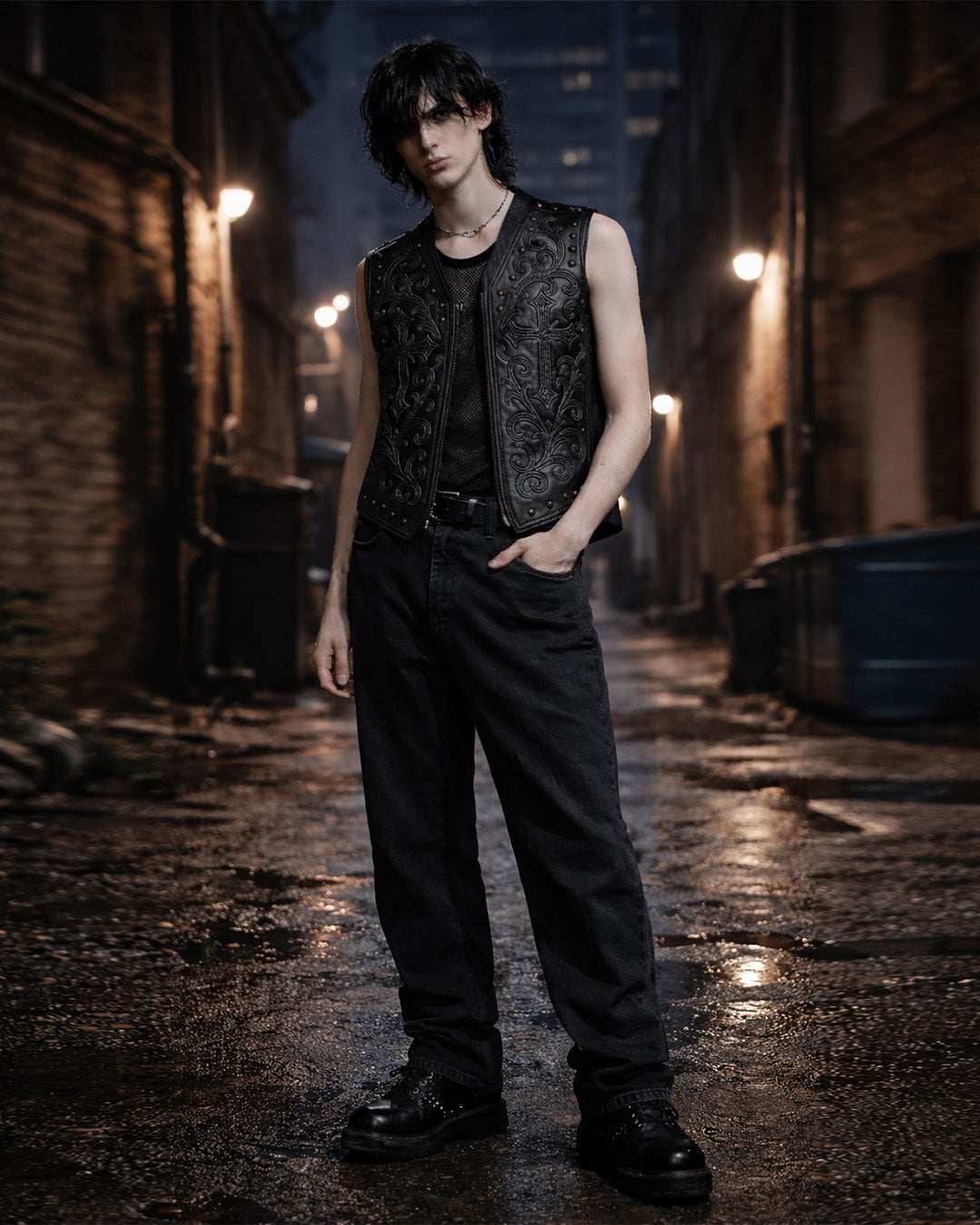 Men's edgy biker style black faux leather vest with studs and gothic embroidered cross detail
