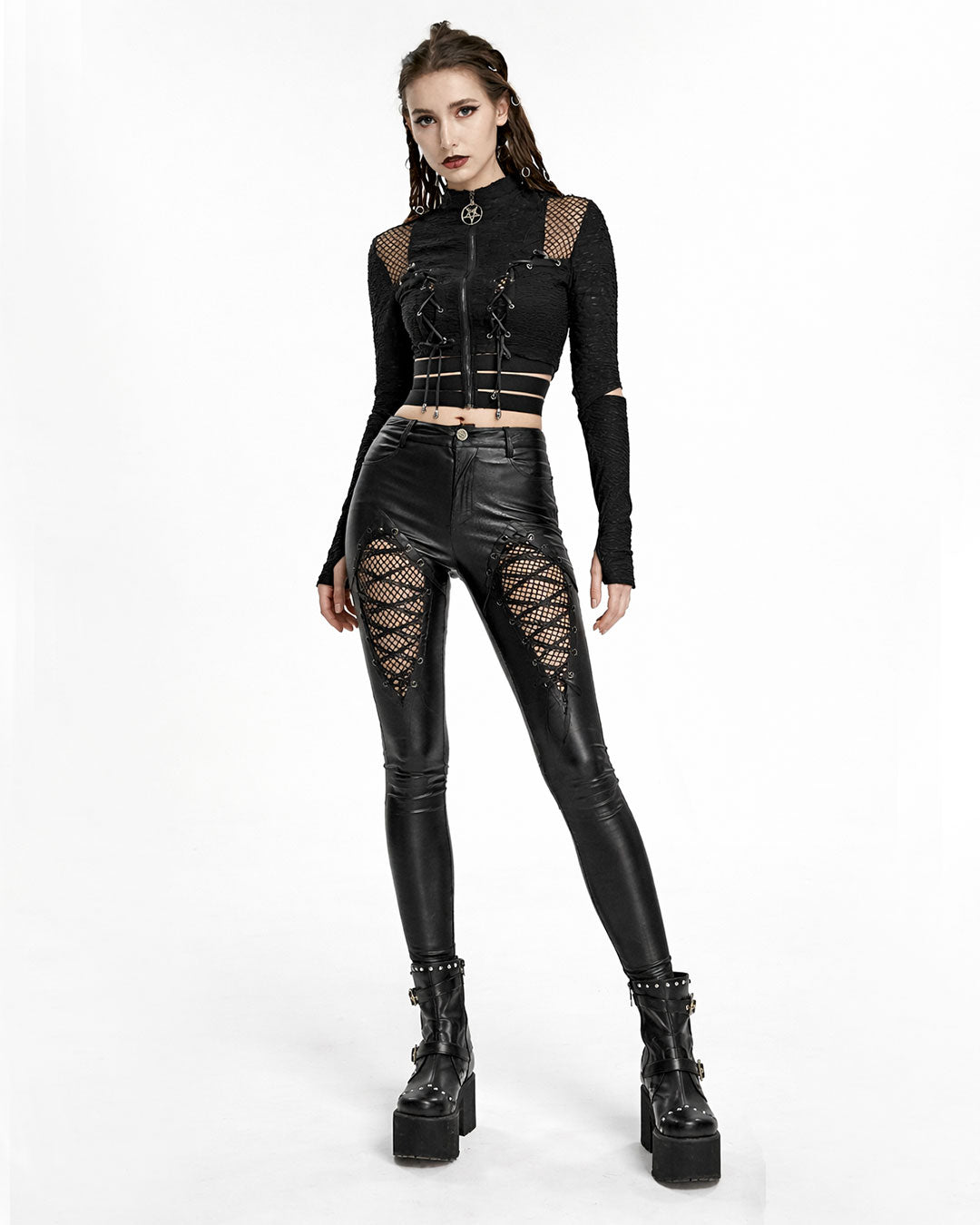 Skinny women's leather pants in black faux leather with lace-up fishnet panels, front view