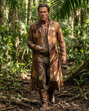 Men's brown leather pirate trench coat with patchwork design and tattered hem