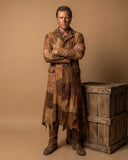 Men's brown leather pirate trench coat with rugged patchwork and tattered hem design