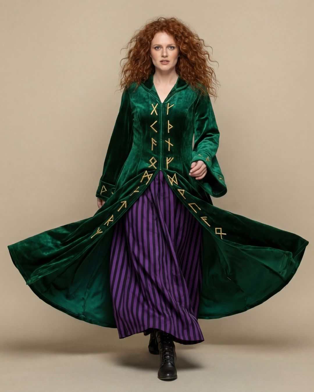 Emerald Enchantress Witch Robe in lush green velvet with oversized hood and bell sleeves