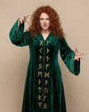 Emerald Enchantress Witch Robe in lush green velvet with oversized hood and bell sleeves