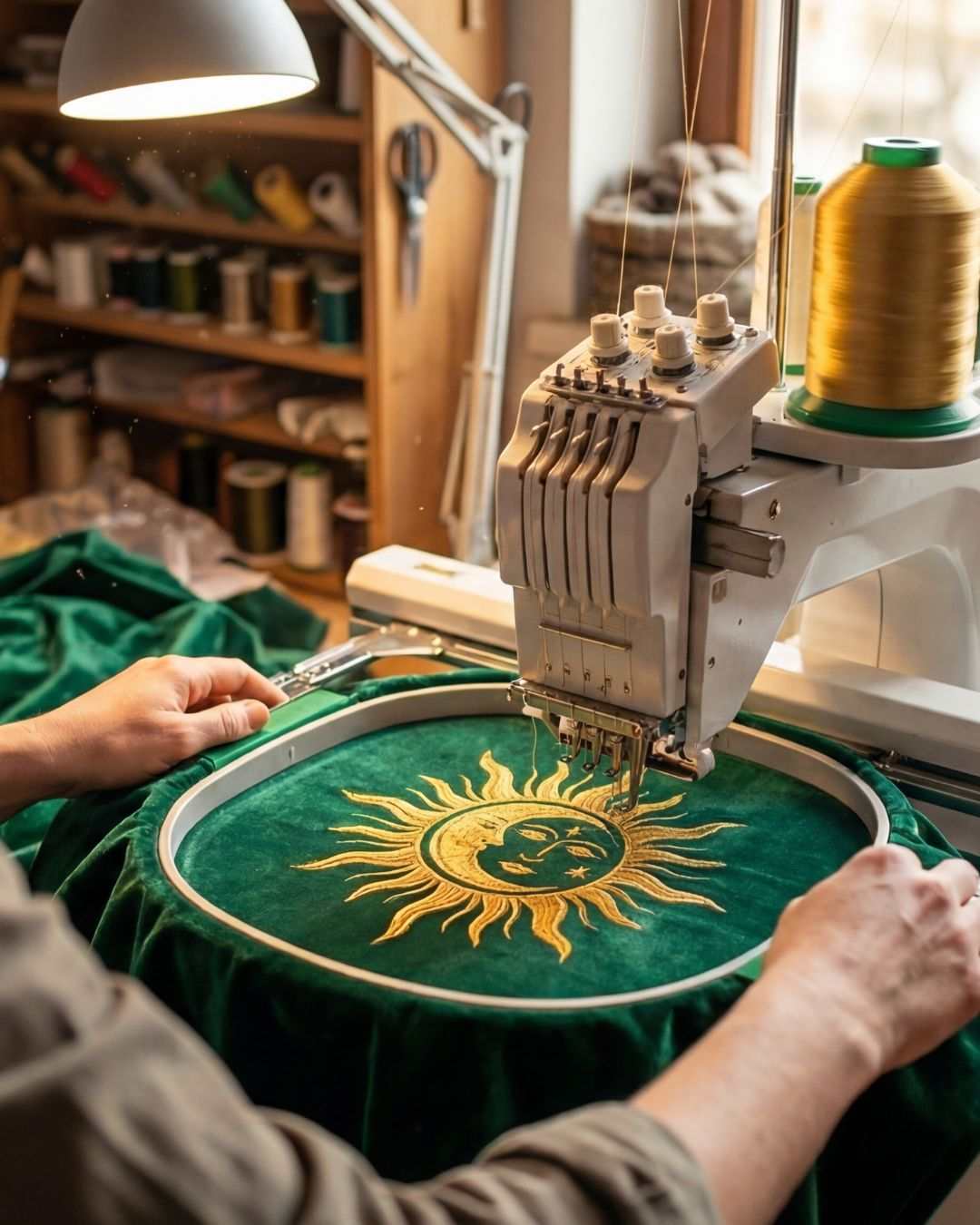 Emerald Enchantress Witch Robe in lush green velvet with oversized hood and bell sleeves for mystical elegance