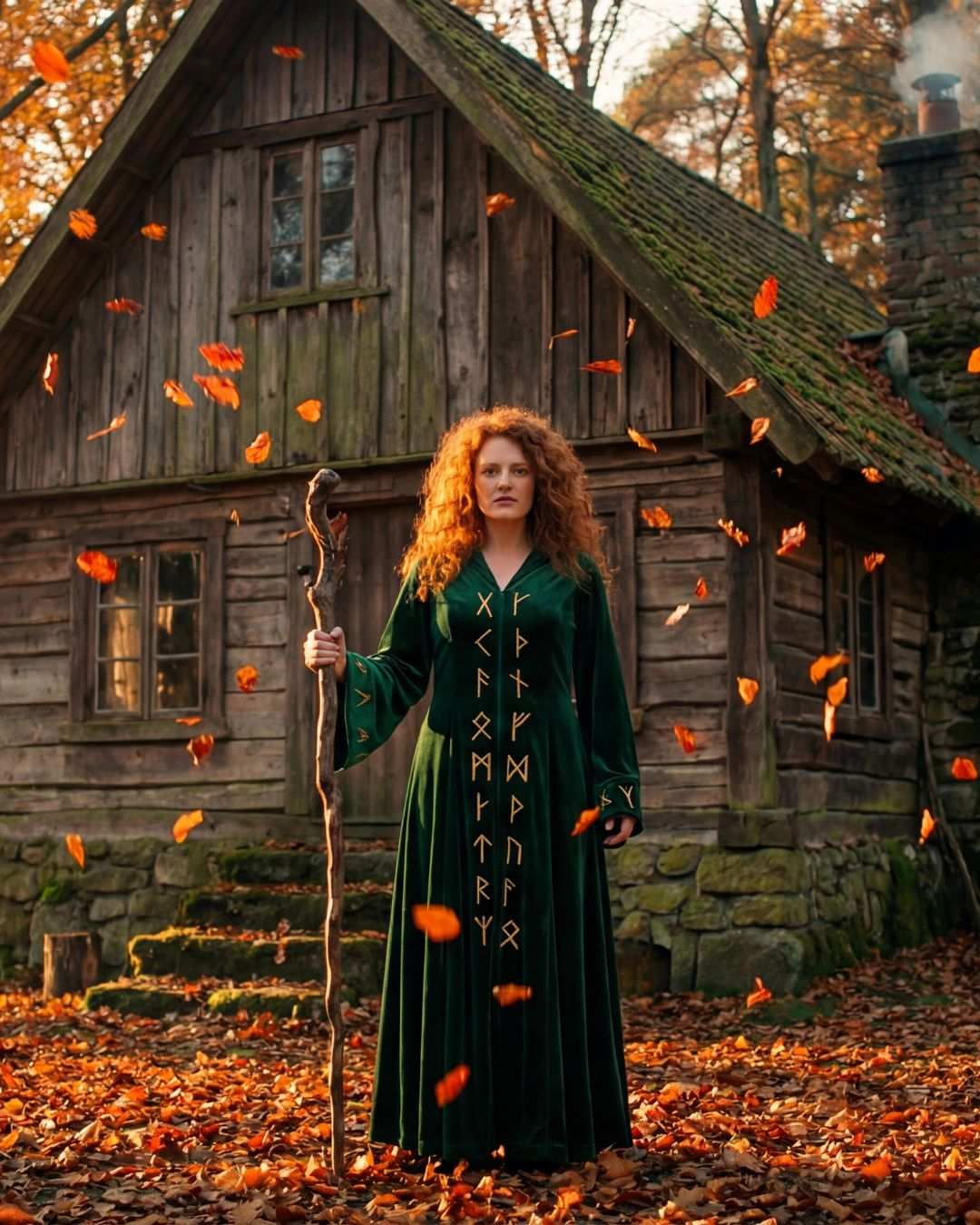 Emerald Enchantress Witch Robe lush green velvet robe with dramatic hood and bell sleeves