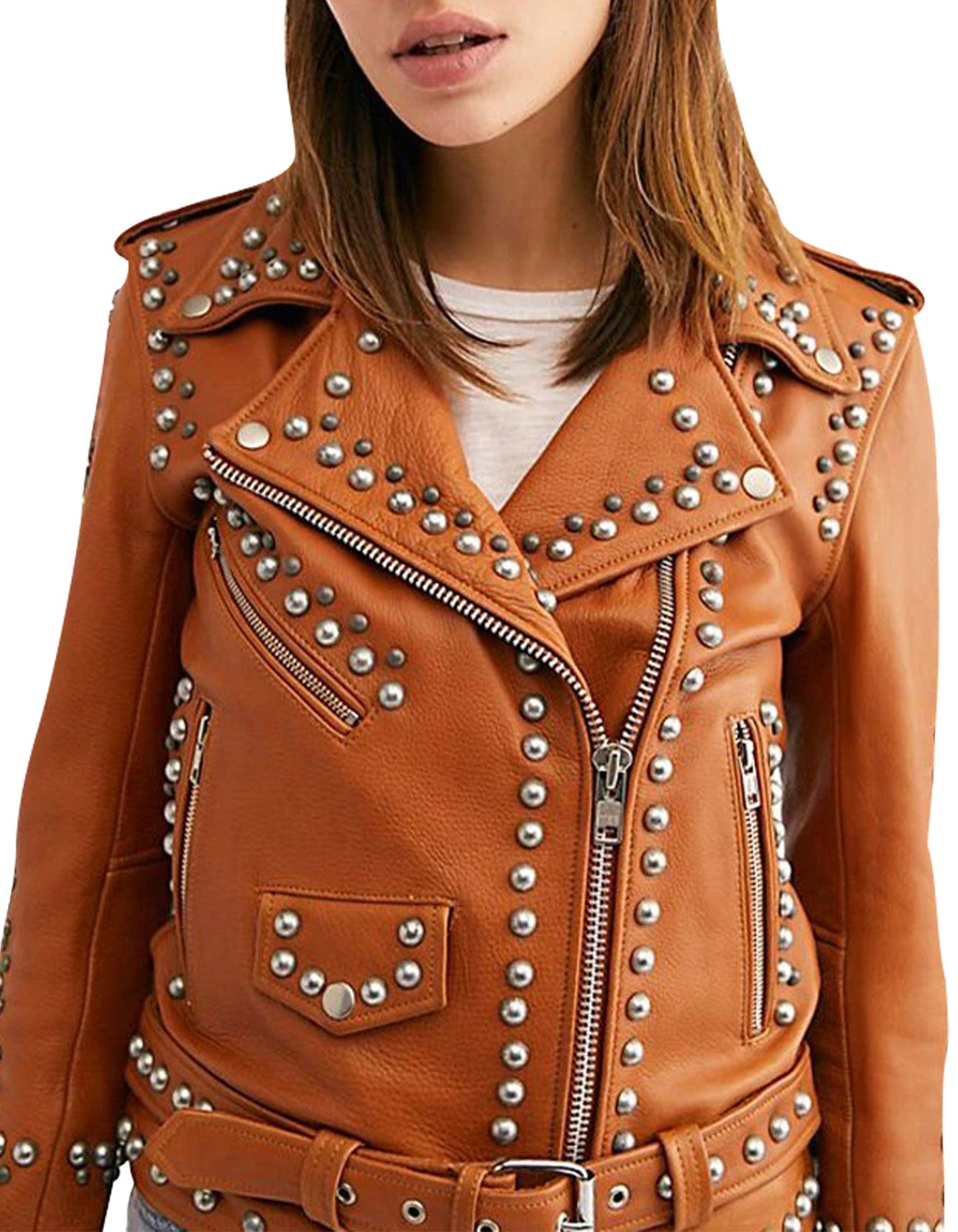 Women Brown Studded Leather Jacket -  -  - Trippprs