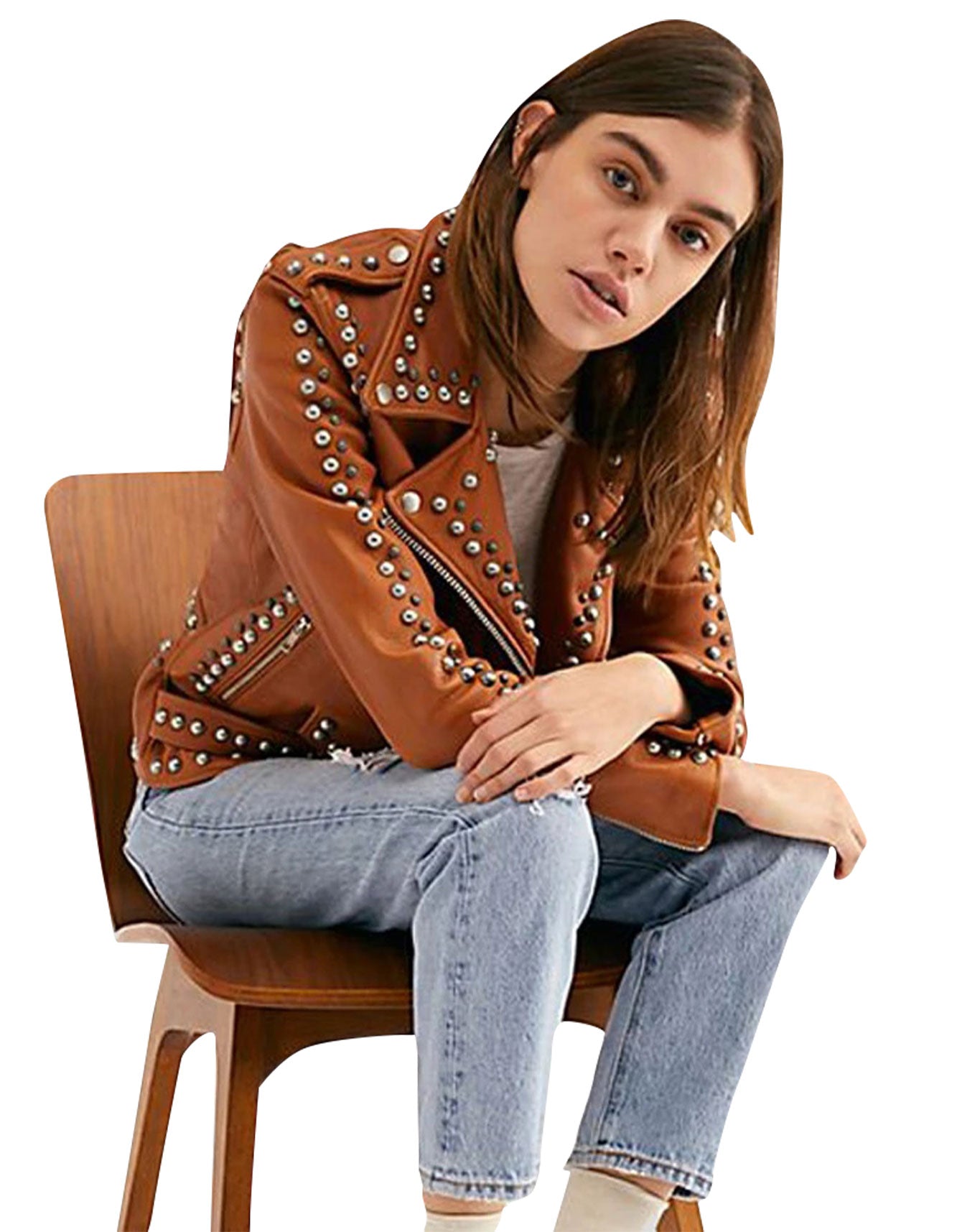 Women Brown Studded Leather Jacket -  -  - Trippprs