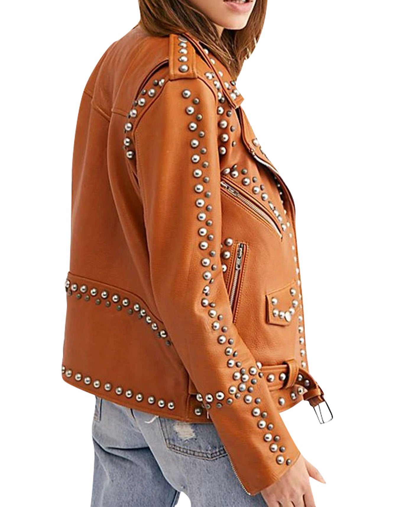 Women Brown Studded Leather Jacket -  -  - Trippprs