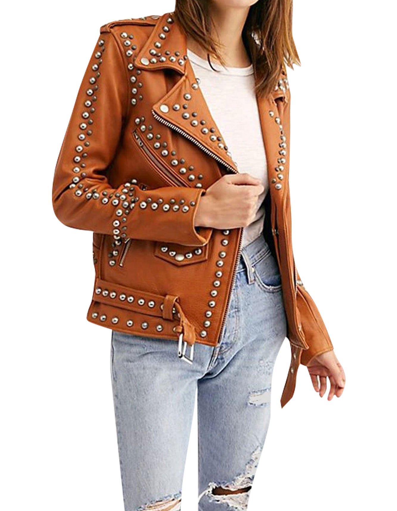 Women Brown Studded Leather Jacket -  -  - Trippprs