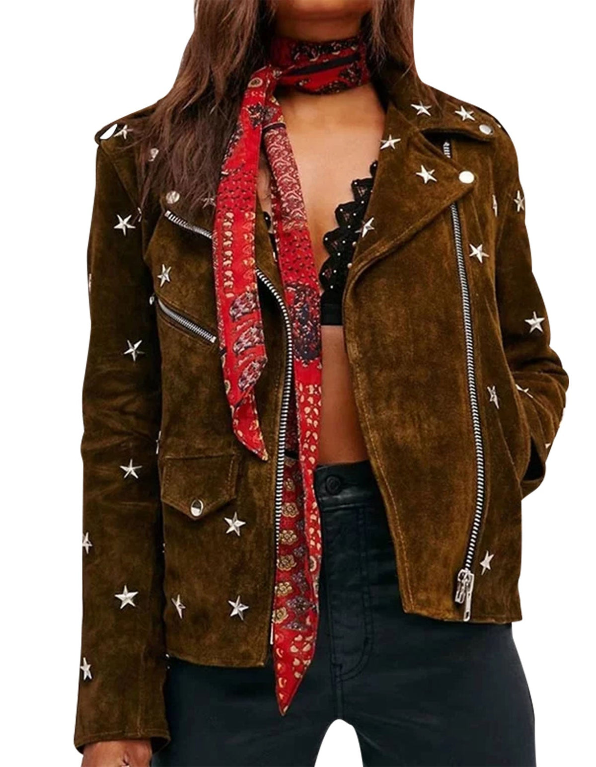 Women's -Brown -Studded- Suede- Leather -Jacket