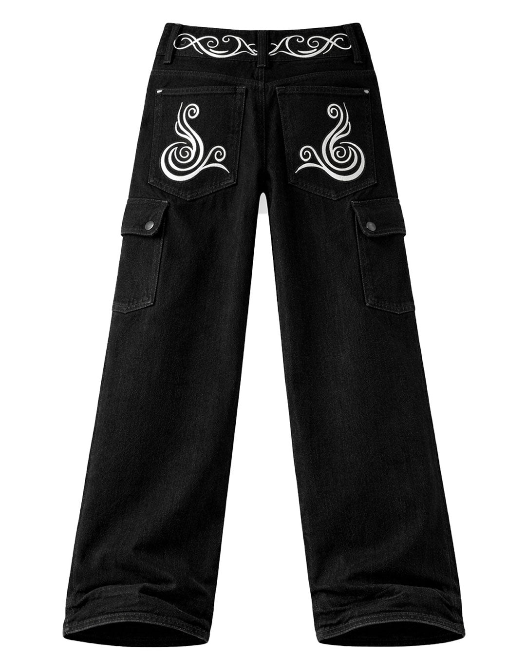 Black cargo jeans for men with baggy wide-leg fit, white graphic detail, and side utility pockets shown in front and back view.