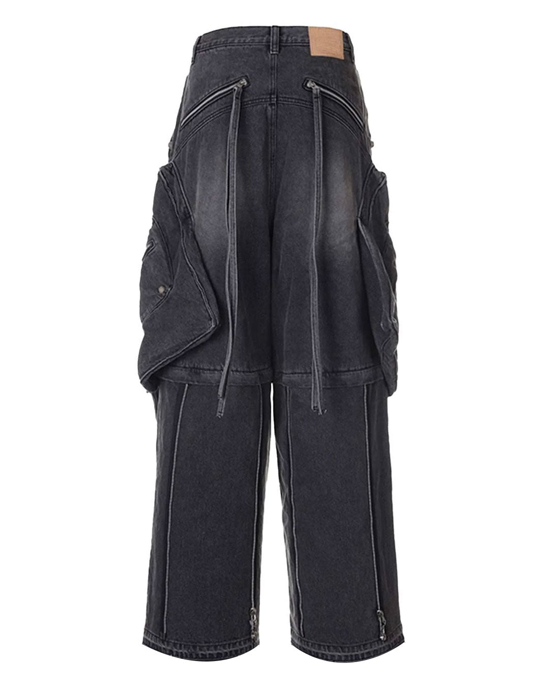 Cargo jeans for men loose fit in dark washed denim with wide-leg shape, oversized cargo pockets, zip details, and hanging strap accents shown in front and back view.