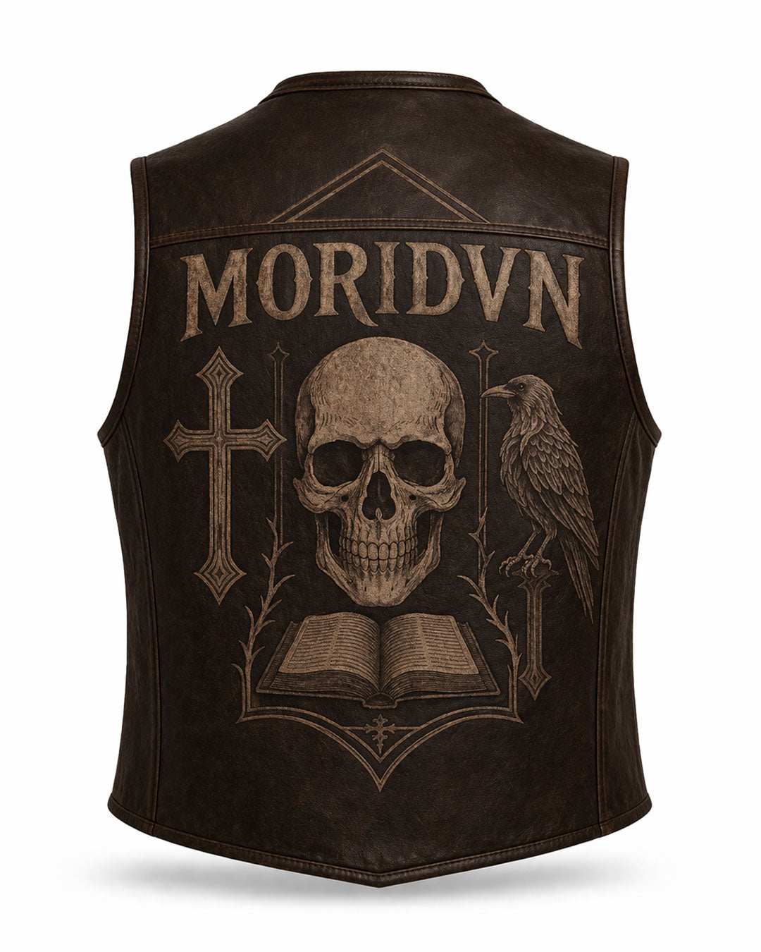 Raven Skull Leather Vest in brown leather featuring gothic skull, raven, and cross design for dark streetwear style