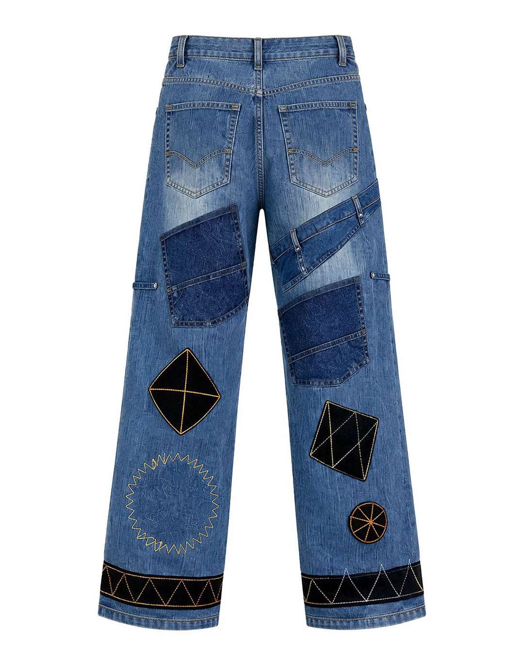 Black patchwork denim jeans with distressed finish, multi-pocket utility design, and wide-leg streetwear fit.