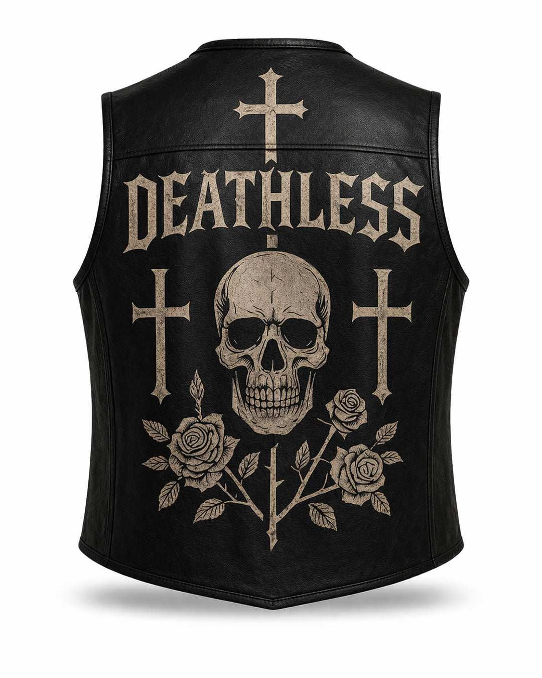 Deathless Skull Leather Vest with gothic skull and roses design in black faux leather for bold streetwear style