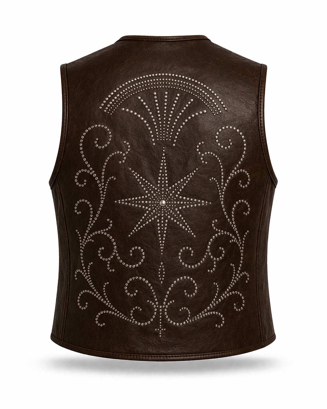 Brown gothic western Star Studded Leather Vest with intricate star motif and swirling studs by TRIPPPRS
