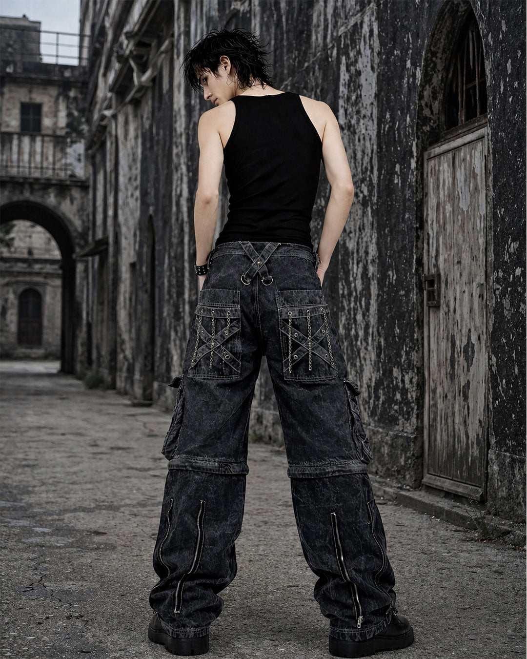 mens grey gothic cargo pants cyber convertible streetwear loose fit