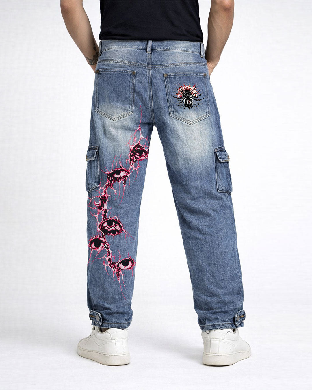 Women's light blue baggy cargo jeans, back view with relaxed fit