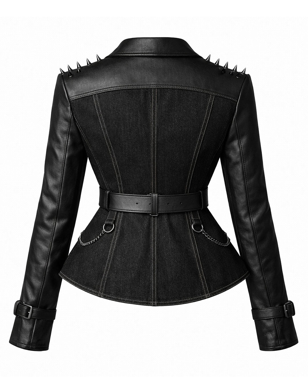Black fitted leather jacket for women, back belt design detail