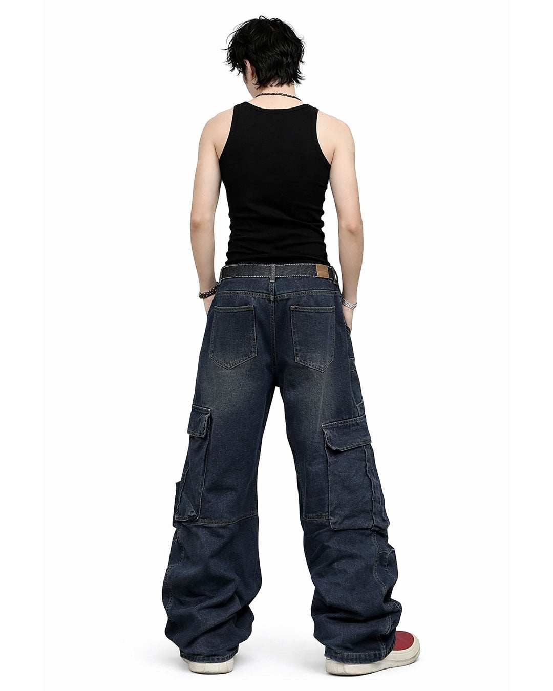 Men’s relaxed gothic wide leg denim pants with oversized fit and streetwear style