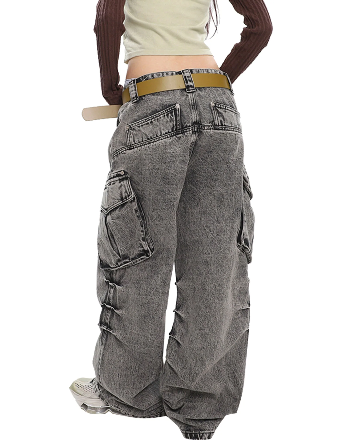 Y2K Unisex Grey Cargo Pants Baggy Jeans Vintage Streetwear Wide Leg Stone Washed Denim Pants