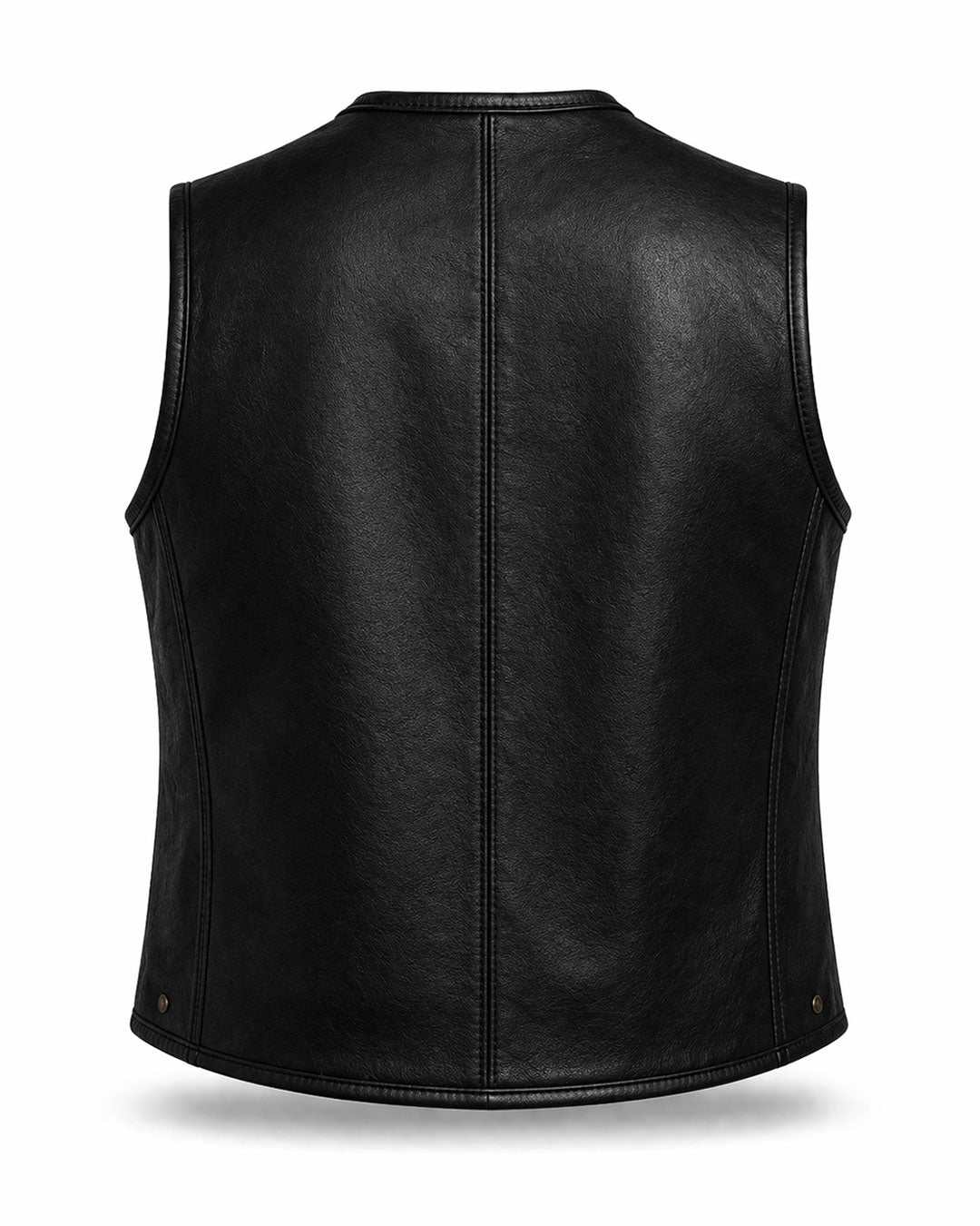 Black studded faux leather vest with gothic embroidery, cross details, and metal studs for edgy biker style.