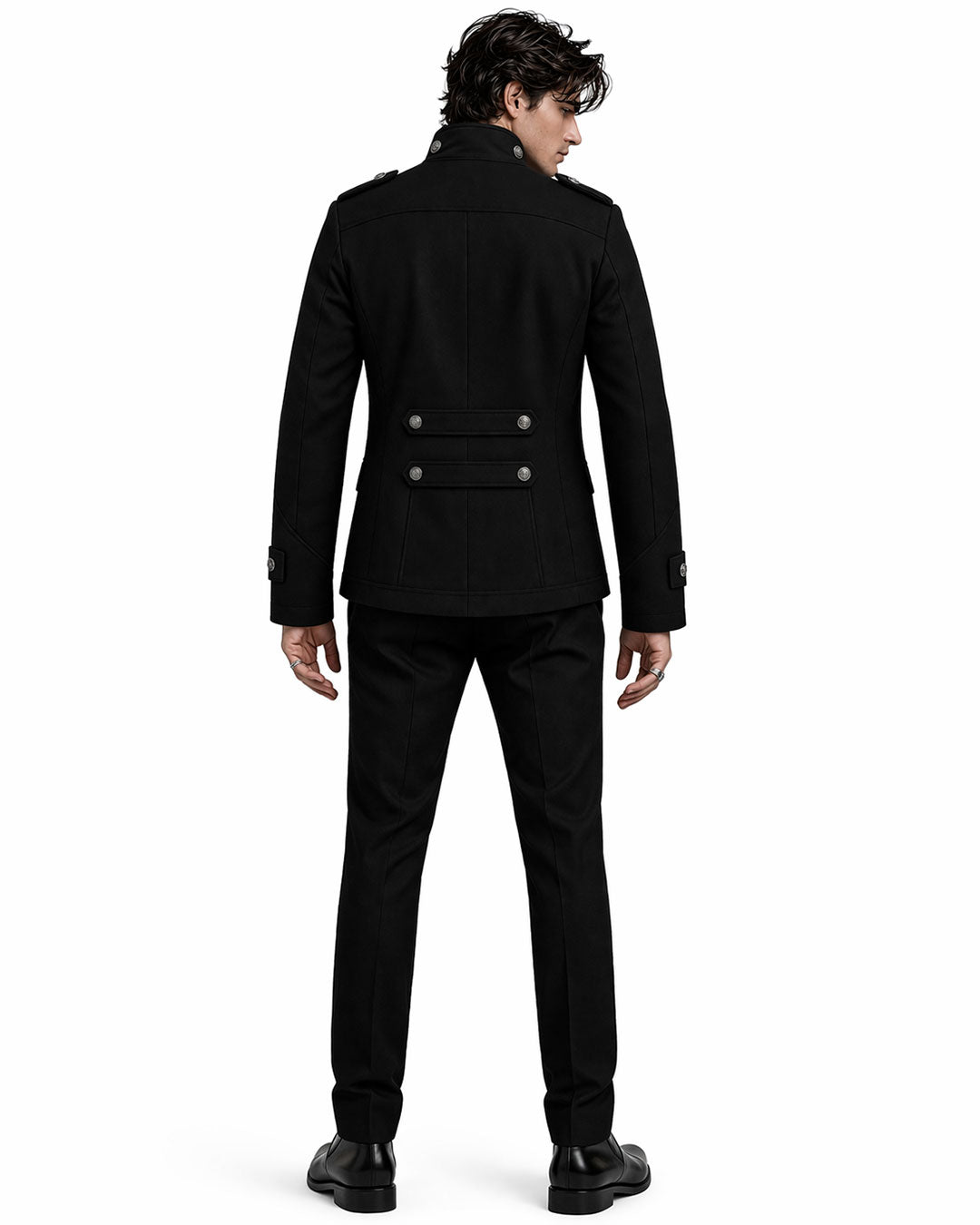 black mens military jacket slim fit structured design back view
