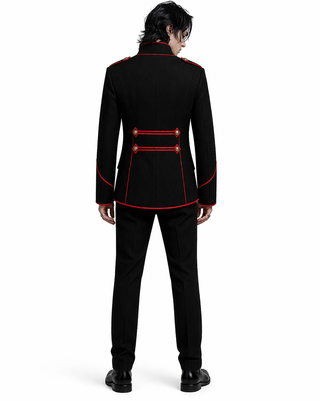 mens black red military style jacket slim fit detailed button design