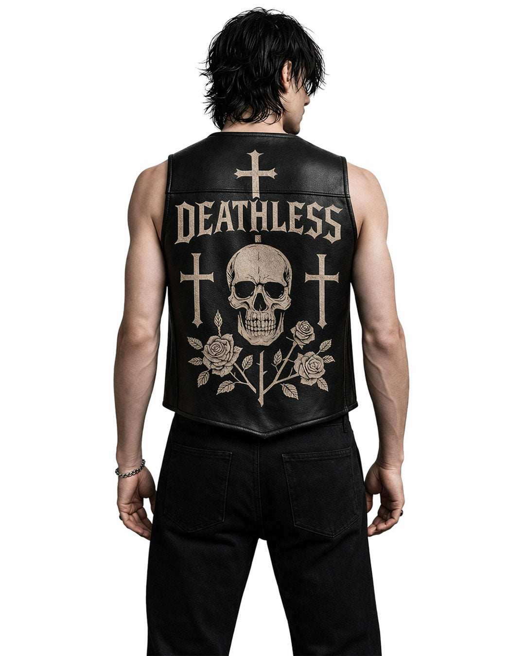 Deathless Skull Leather Vest with gothic skull and roses design in dark leather streetwear style