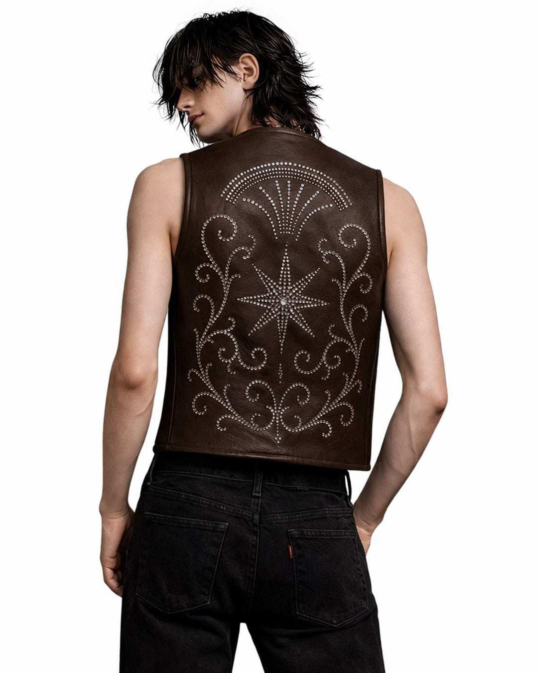Brown gothic Star Studded Leather Vest with intricate star and stud designs by TRIPPPRS