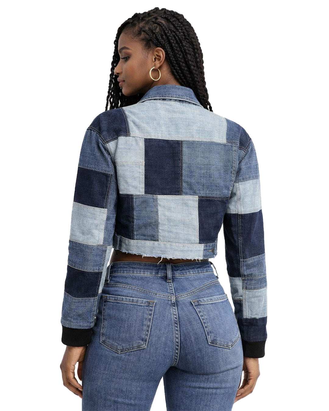Women Short Patchwork Denim Jacket Cropped Blue Streetwear Style