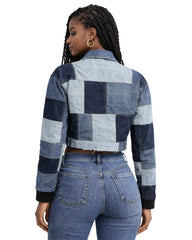 Women Short Patchwork Denim Jacket Cropped Blue Streetwear Style