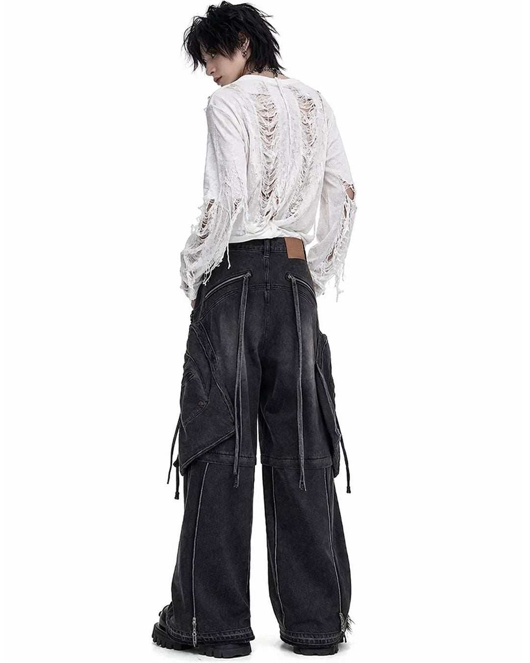 Cargo jeans for men loose fit in dark washed denim with wide-leg shape, oversized cargo pockets, zip details, and hanging strap accents shown in front and back view.