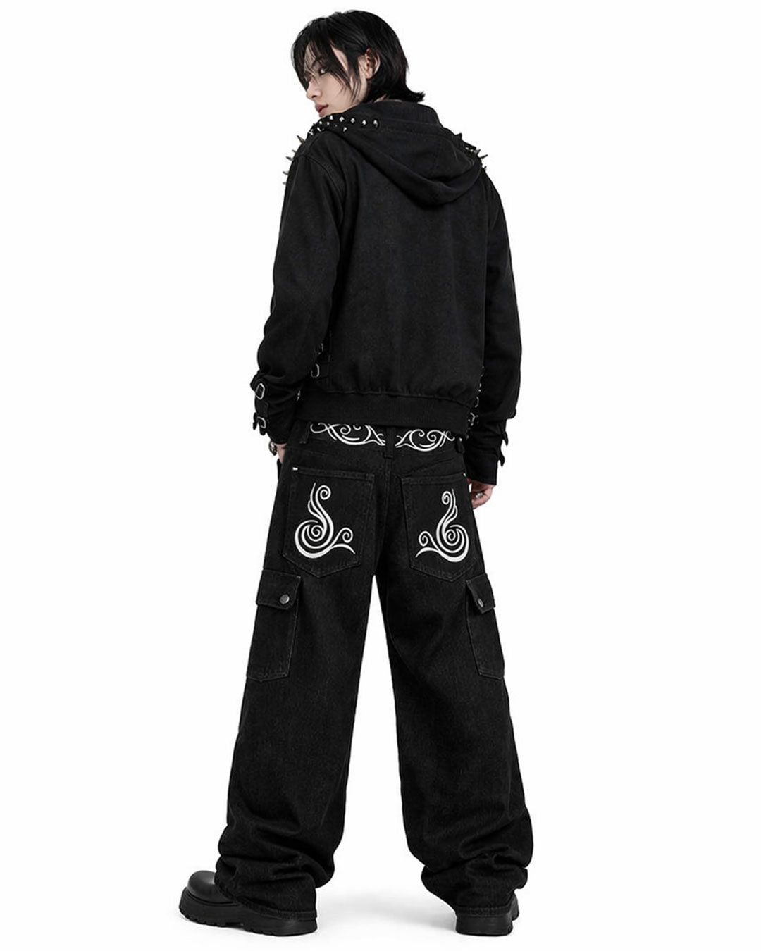 Black cargo jeans for men with baggy wide-leg fit, white graphic detail, and side utility pockets shown in front and back view.