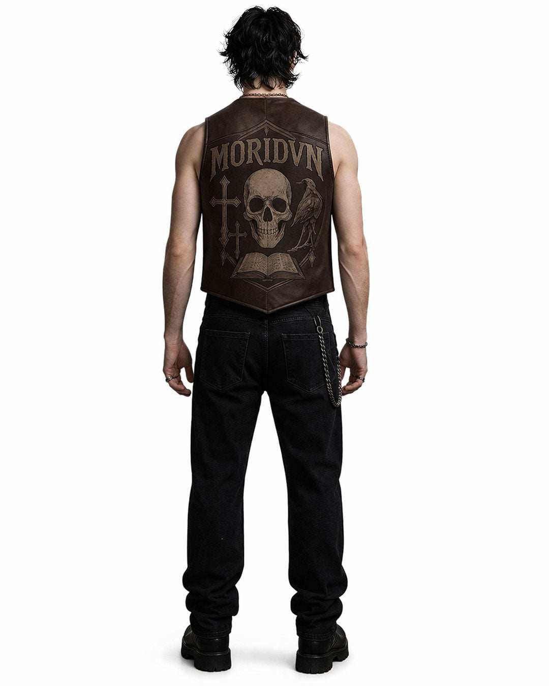 Raven Skull Leather Vest in brown leather with gothic skull and raven design
