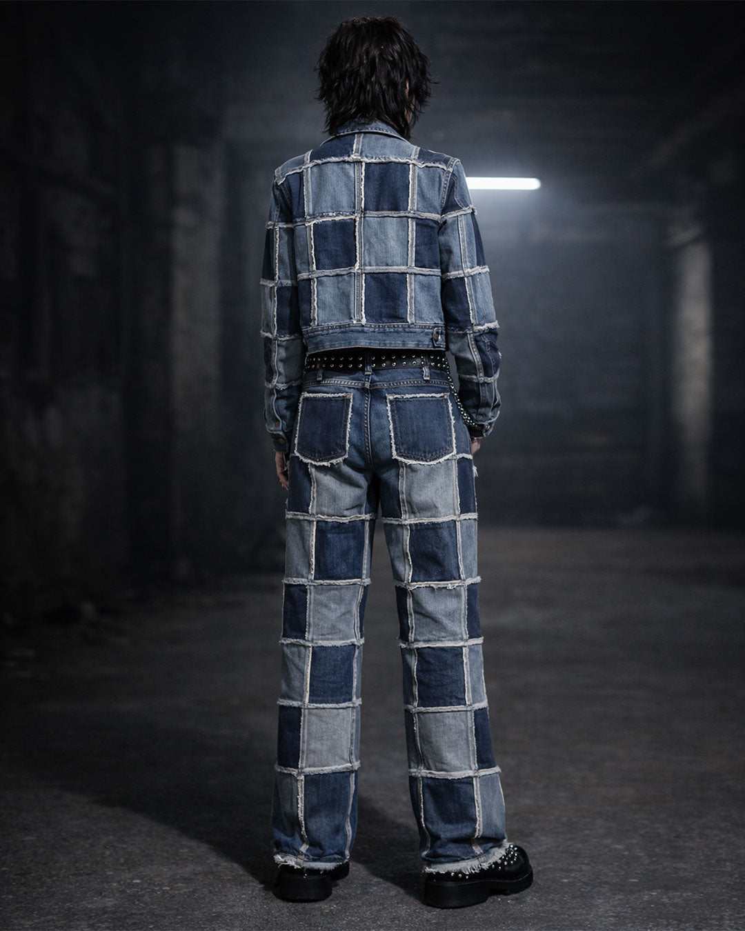 Unisex patch work denim suite with gothic wide-leg pants and cropped jacket in bold streetwear style