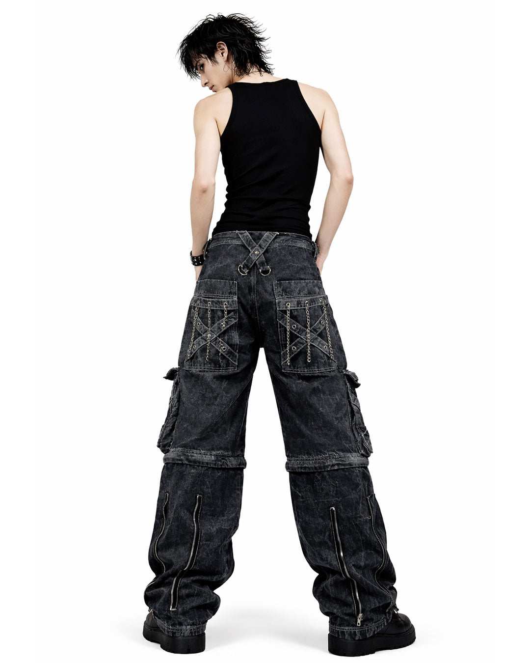 mens grey gothic cargo pants cyber convertible streetwear loose fit