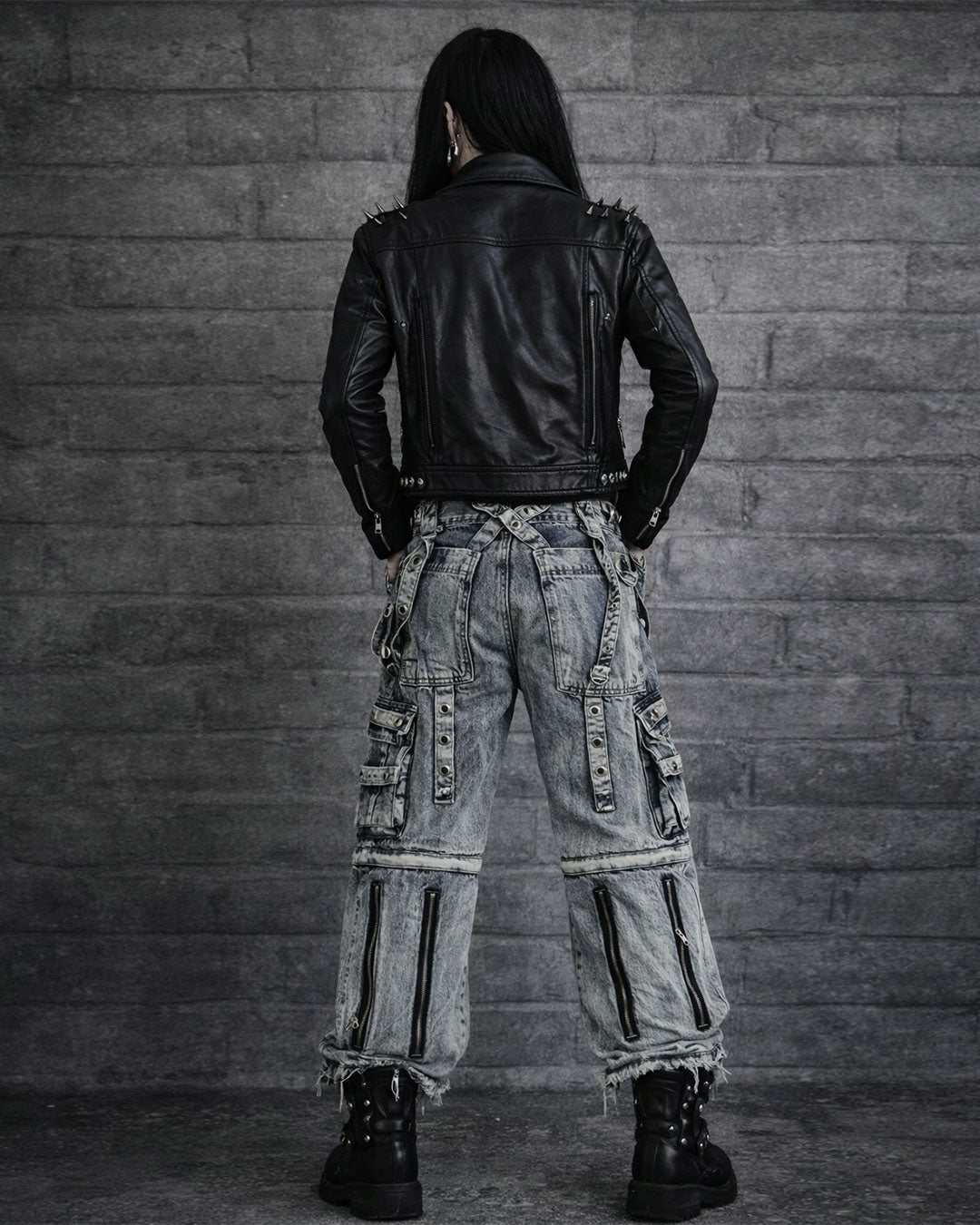 Men's Y2K cargo pants with straps in baggy washed denim for gothic streetwear style