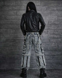 Men's Y2K cargo pants with straps in baggy washed denim for gothic streetwear style