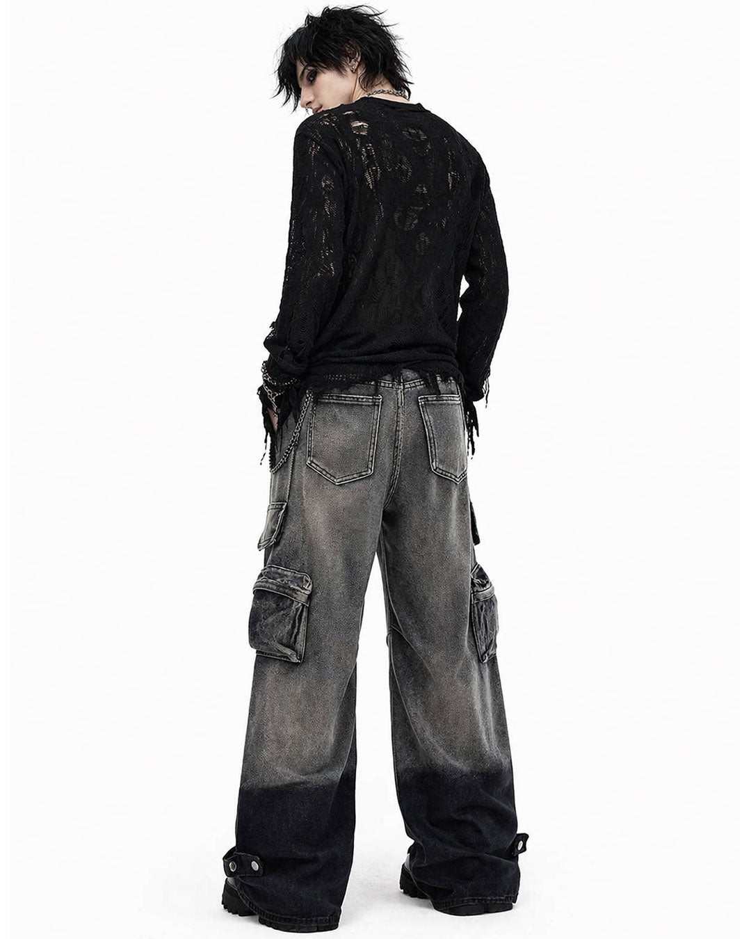 Mens wrangler cargo jeans in washed grey-black denim with baggy wide-leg fit and oversized utility pockets shown in front and back view.