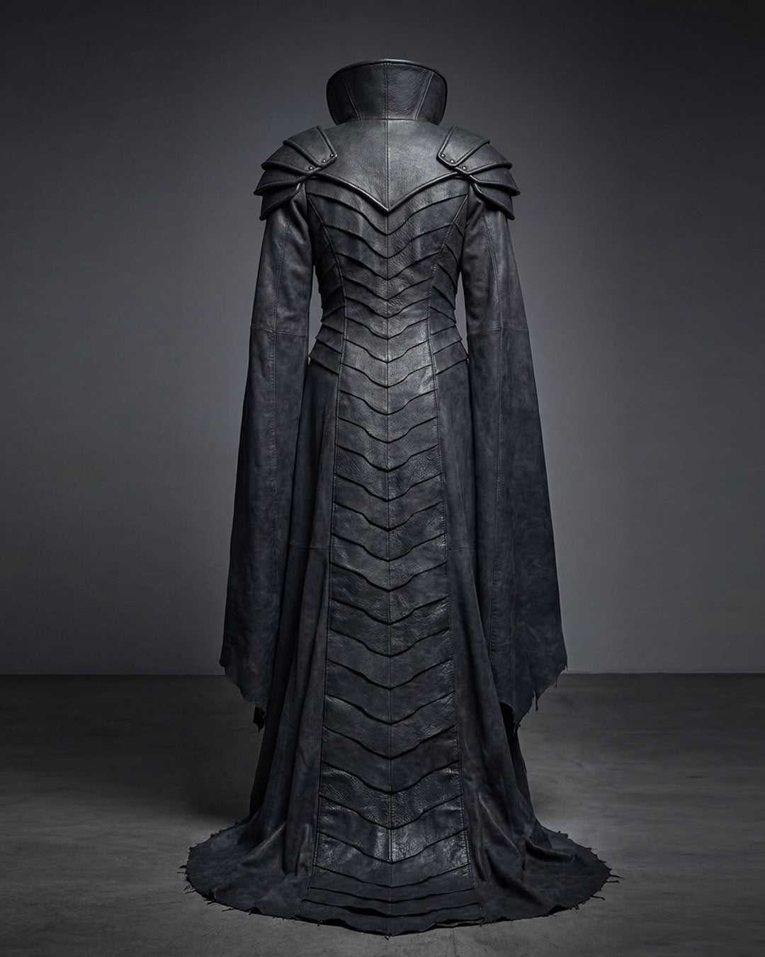 Black Dragon Scale Magus wizard robe with dragon-scale armor design and dramatic floor-length drape