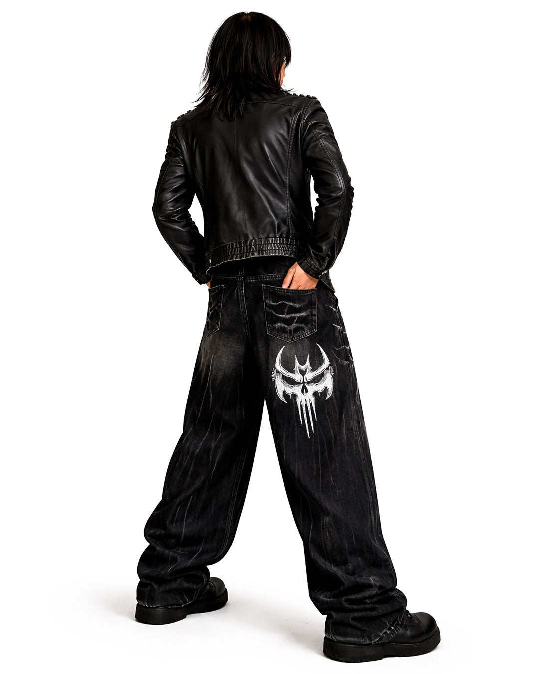 Unisex Gothic Skull baggy streetwear pants with skull embroidery and vintage-washed denim design