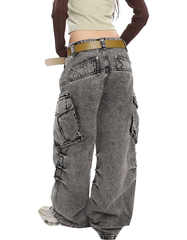 Y2K Unisex Grey Cargo Pants Baggy Jeans Vintage Streetwear Wide Leg Stone Washed Denim Pants