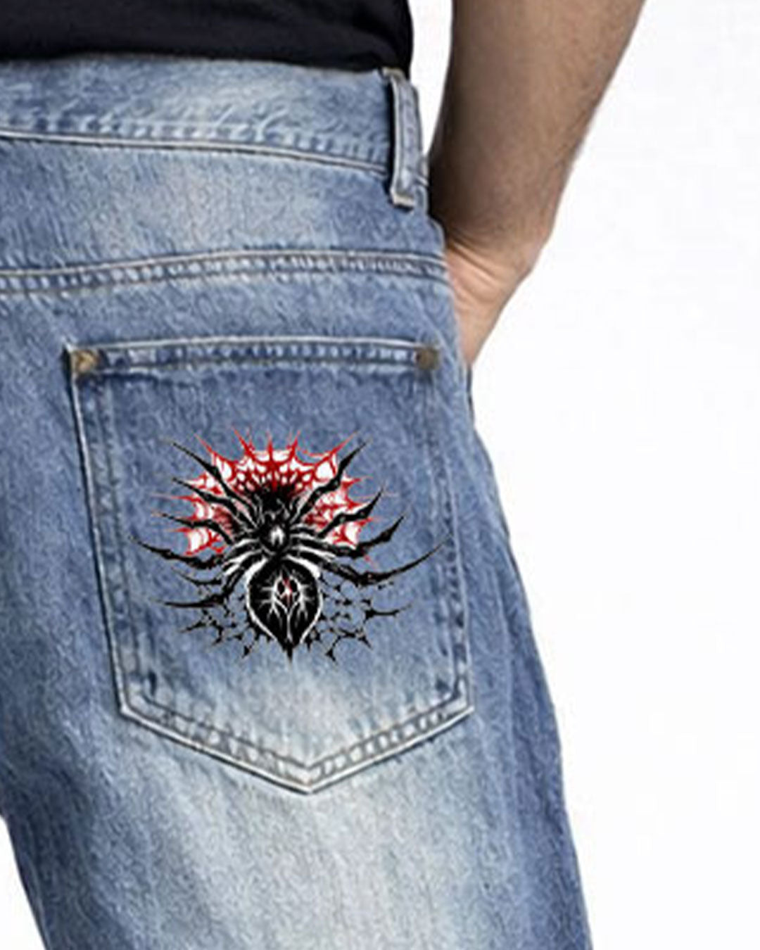Detail of utility cargo pockets on women's Y2K denim jeans